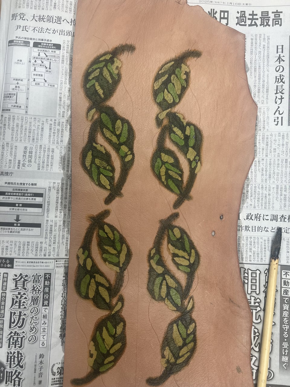 ろうけつ染途中経過　レザークラフト教室　革工芸教室