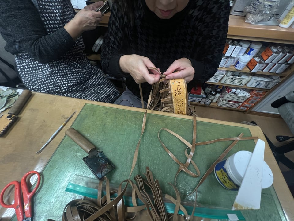 石畳網バッグ　レザークラフト教室　革工芸教室