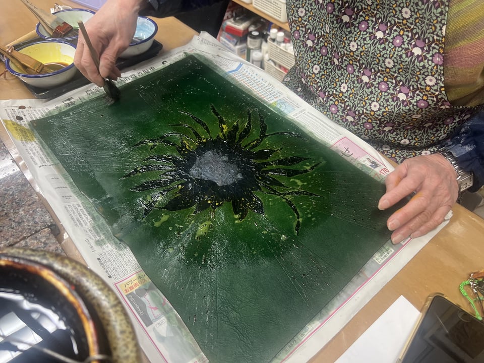 ろうけつ染（月下美人）レザークラフト教室　革工芸教室