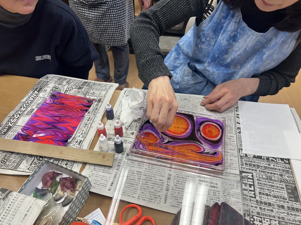 マーブル染め　レザークラフト教室　革工芸教室