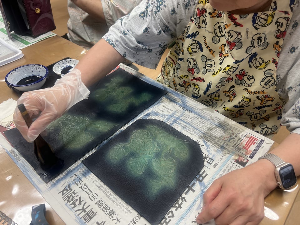 ポシェット染色　レザークラフト教室　革工芸教室