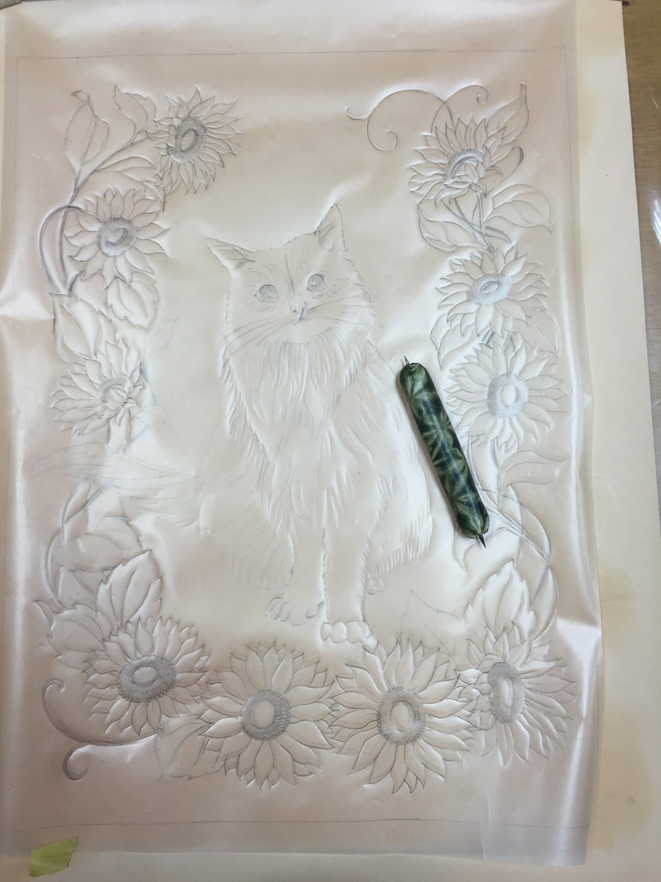 レザークラフト フィギュアカービング(猫とひまわりー1)