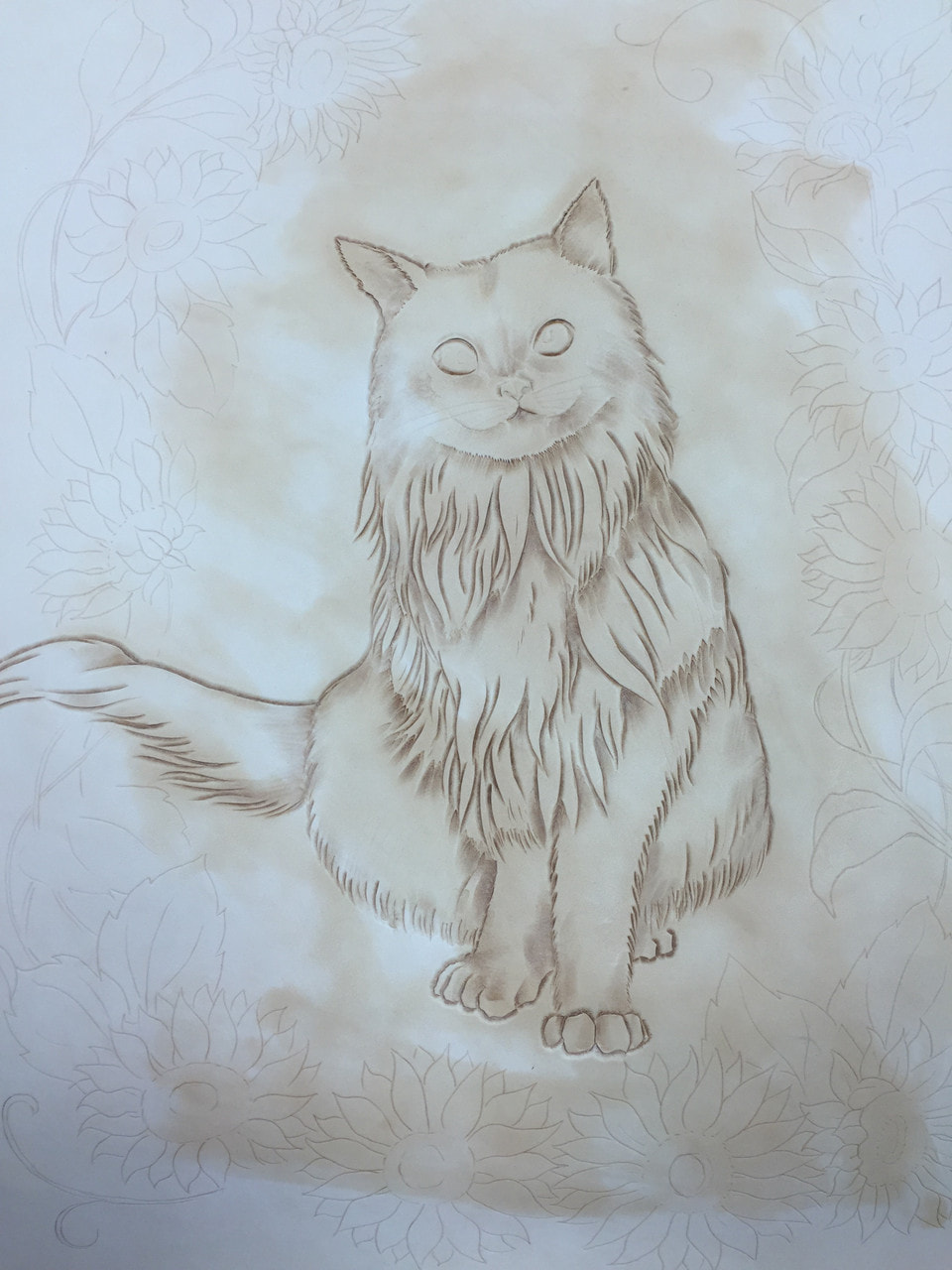 レザークラフト フィギュアカービング(猫とひまわりー2)