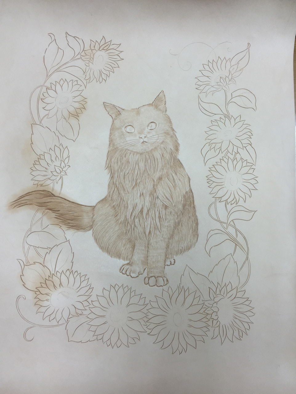 レザークラフト　フィギュアカービング（猫とひまわりー３）