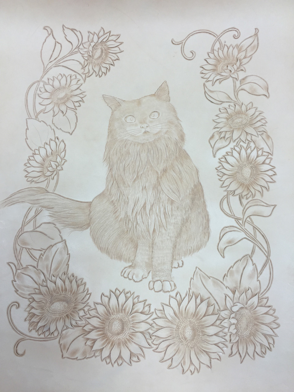 レザークラフト フィギュアカービング(猫とひまわりー4)